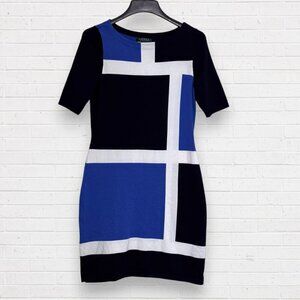 LAUREN Ralph Lauren Blue White Navy Colorblock Knit Sheath Dress Short Sleeve M